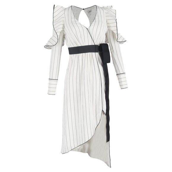 Self-Portrait Striped Crepe Ruffled Belted Midi Dress in White Polyester